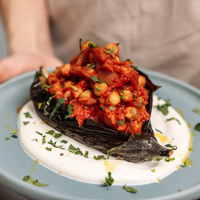 Baked Aubergines with Spicy Braised Chickpeas and Yoghurt