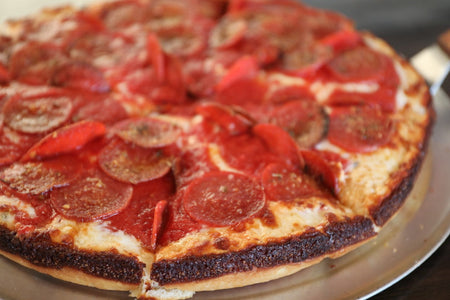 Chicago deep dish style pizza topped with pepperoni