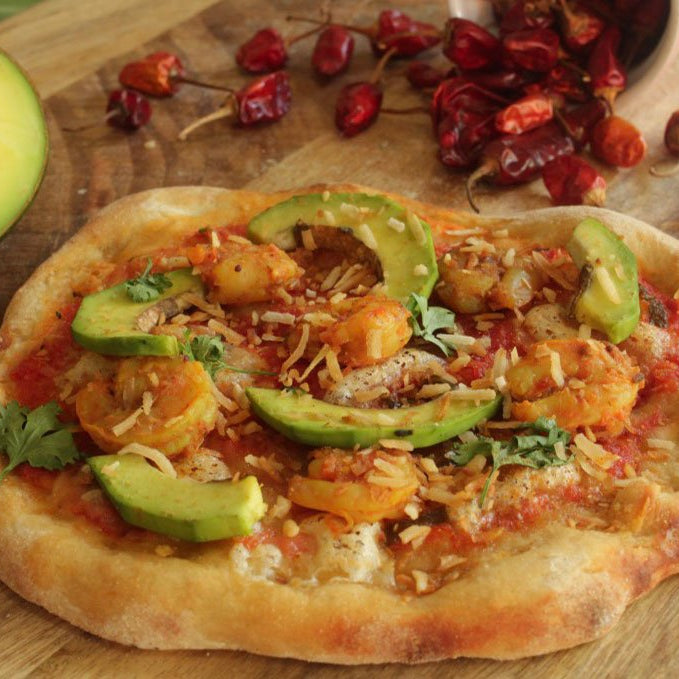 Avocado, Coconut & Goan-style Prawns Pizza