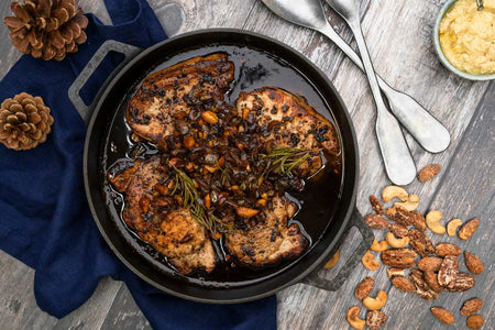 Balsamic Glazed Pork Steaks with Chopped Nuts and Honey