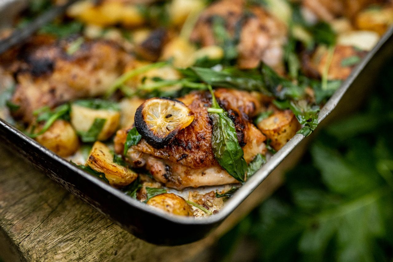 Gill Meller’s Baked Chicken Thighs with New Potatoes, Wild Garlic and Lemon