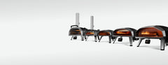 Lineup of Ooni Pizza Ovens second generation range displayed on light grey background.
