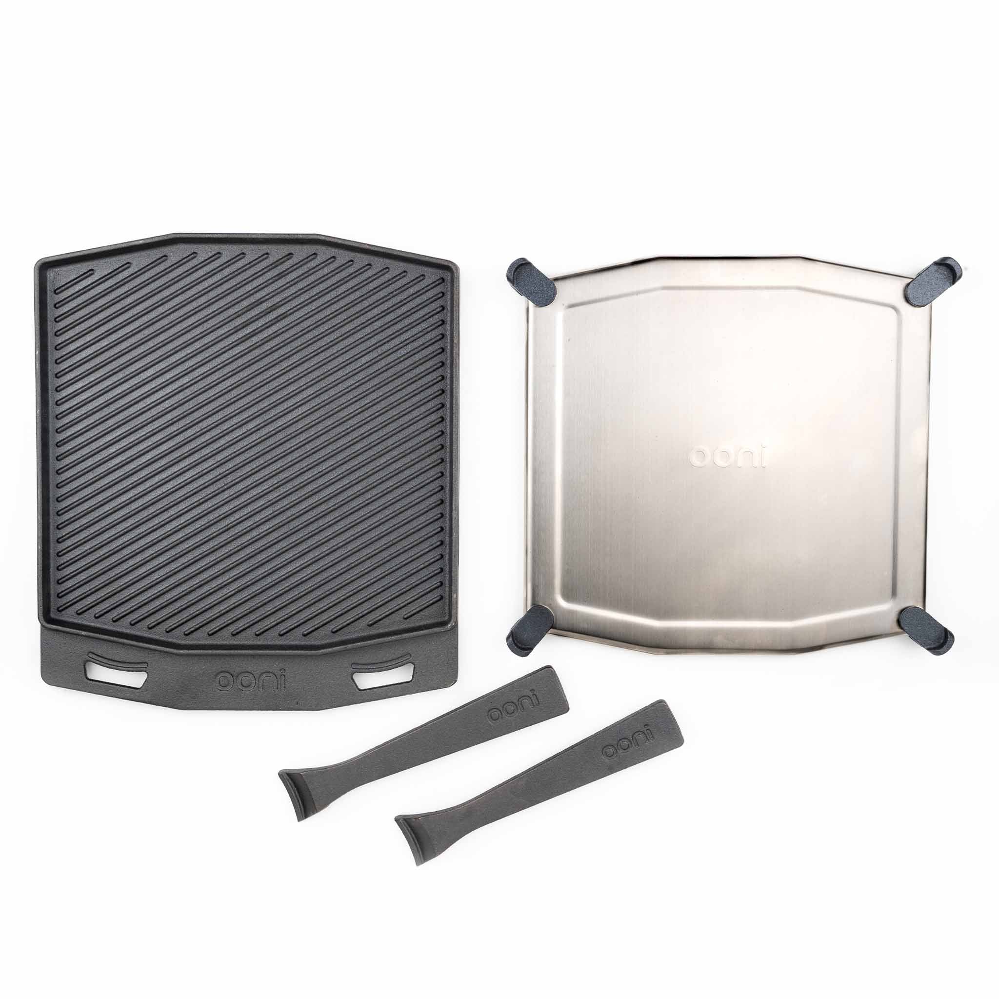 Poêle Fonte Double-Face Ooni – Grill + Plancha 2 En 1 – Cuisson Viandes, Fajitas, Œufs – Poignées Amovibles + Planche Hêtre