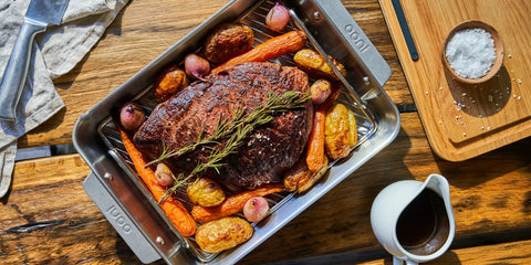 Roast beef and vegetables in the Ooni Roasting Pan 