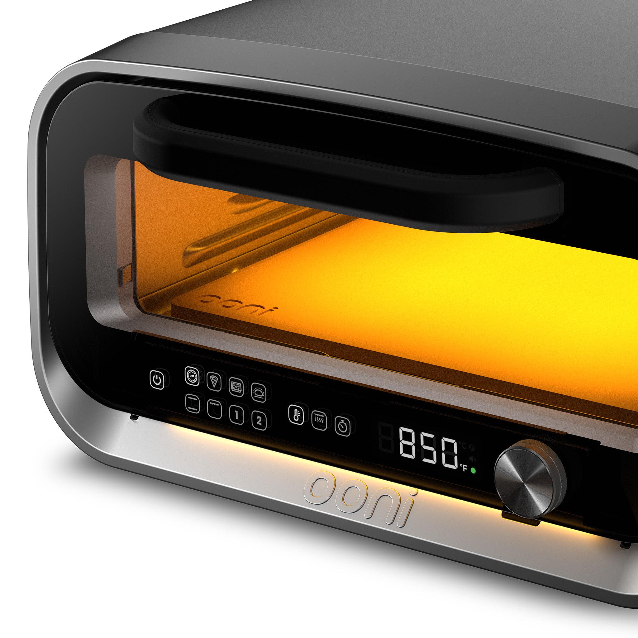 Charcoal Grey Volt 2 Ooni pizza oven with digital display and control knob on a white background