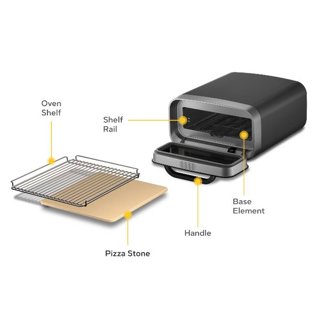 Diagram of the Ooni Volt 2 Pizza Oven with labeled parts on a white background