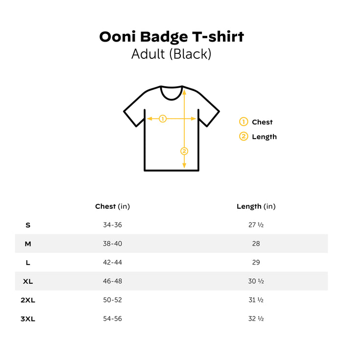 Ooni Logo Black Badge T-Shirt Size Guide Ooni Canada | Click this image to open up the product gallery modal. The product gallery modal allows the images to be zoomed in on.