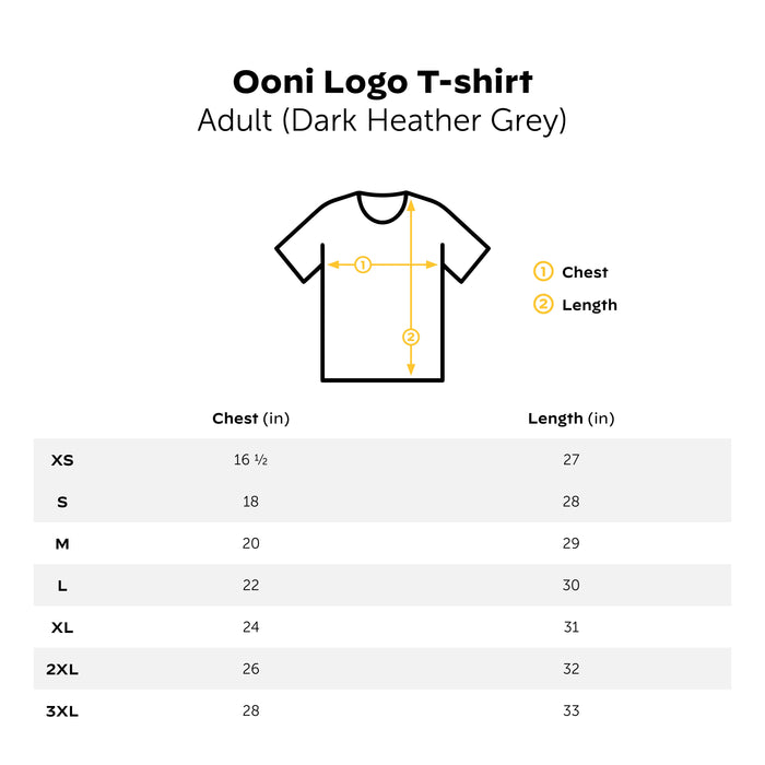 Ooni Logo Dark Grey T-Shirt Size Guide Ooni Canada | Click this image to open up the product gallery modal. The product gallery modal allows the images to be zoomed in on.