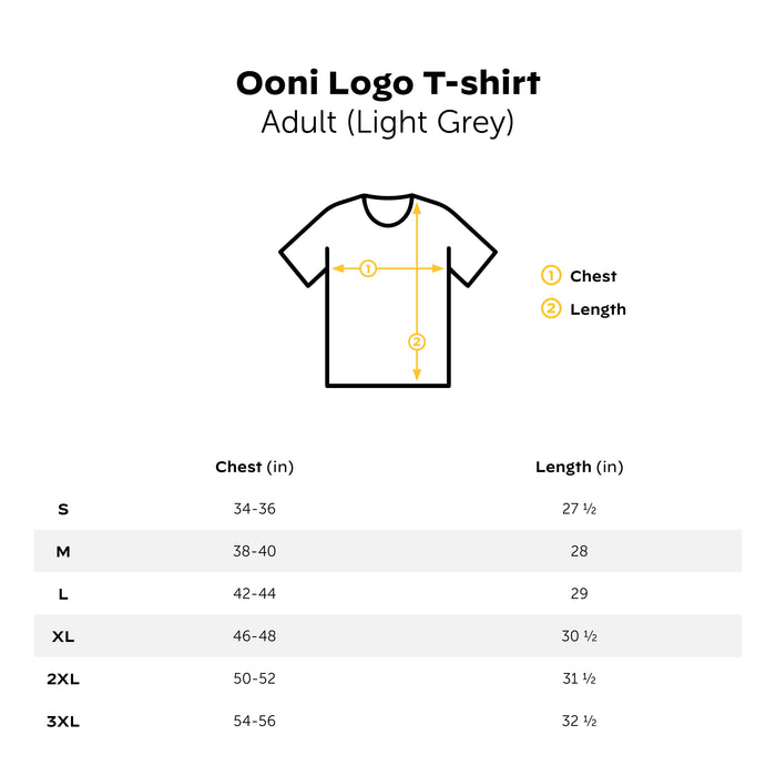 Ooni Light Grey Logo T-Shirt Size Guide Ooni Canada | Click this image to open up the product gallery modal. The product gallery modal allows the images to be zoomed in on.